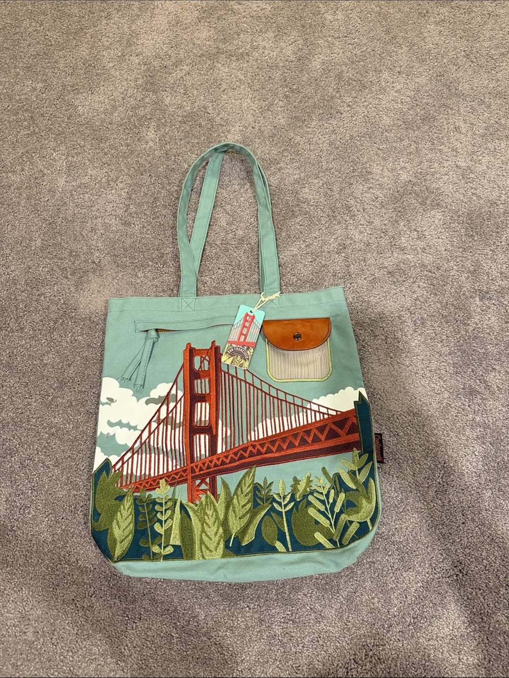 Golden Gate Bridge Embroidered Tote Bag - Seafoam & Rust